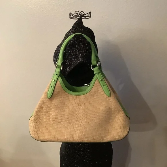 Cole Haan Straw Hobo Tote Kiwi Green Leather Summer Coastal Beach Bag - Picture 9 of 12